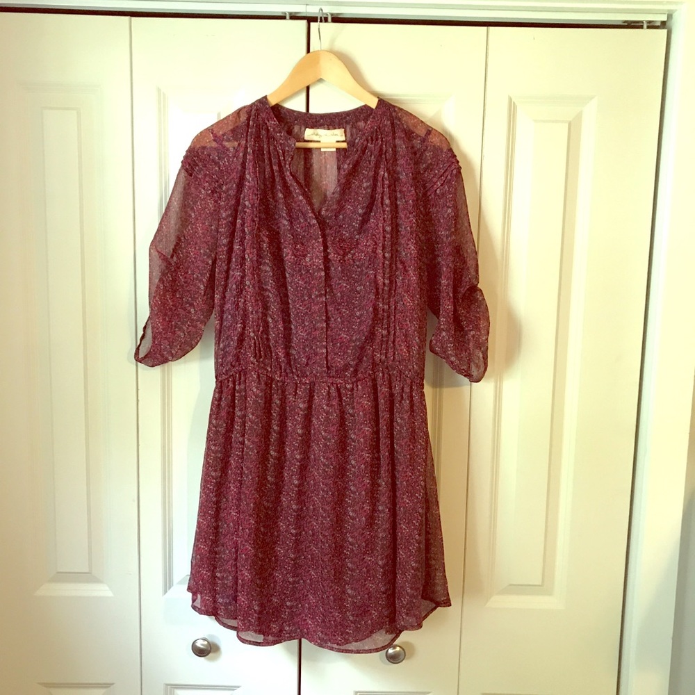 3/4 sleeve, Burgundy Floral Mid-Length Dress